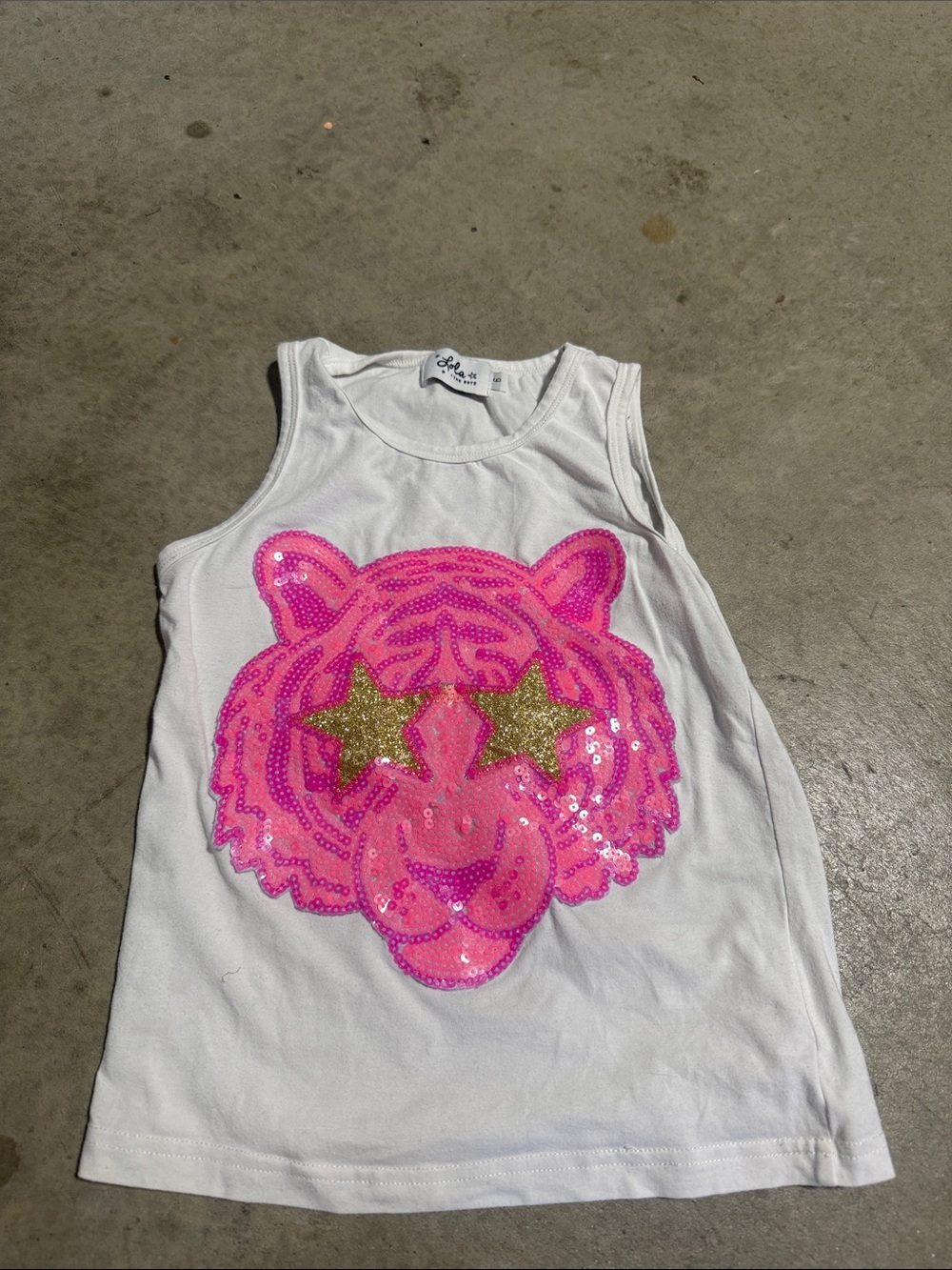 Lola + The Boys White Tank with Pink Sequin Tiger and Gold Star Eyes
